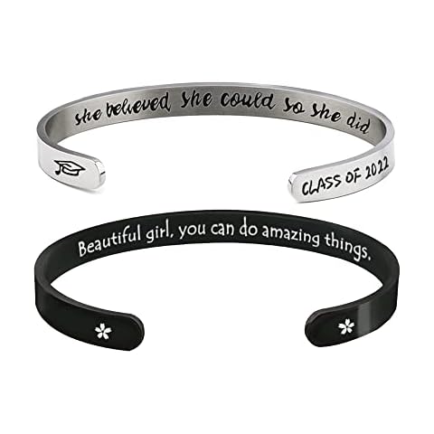 2PC Mantra Cuff Bracelets Women Girls Bangles Set Black Silver Color Jewelry Inspirational Birthday Sister Graduation Gift Go to University Christmas Keepsakes (She believed she could so she did) Cover