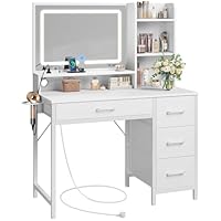 Rolanstar Dressing Table with LED Mirror, Vanity Desk with 4 Drawers, Built-in Power Outlet and Hair Dryer Holder, 3 Color Lighting Modes, Makeup Desk for Bedroom, White