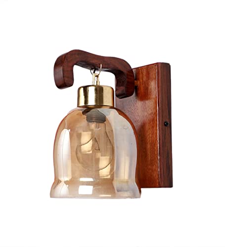 Image of Green House Handmade Sheesham Wood Wall Light /Lamp /U-Downlight Design /Lustre Bell Glass /E27 Bulb Holder(Bulb not Included) /Living Room,Bedroom,Hall /Luxurious /Classic Home Decor Lighting