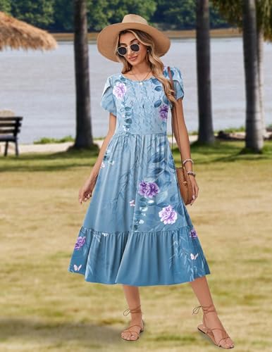 Image of Zeagoo Women Summer Midi A Line Dress Short Sleeve Casual Flowy Tiered Beach Long Sundress with Pockets 2026 Vacation Travel