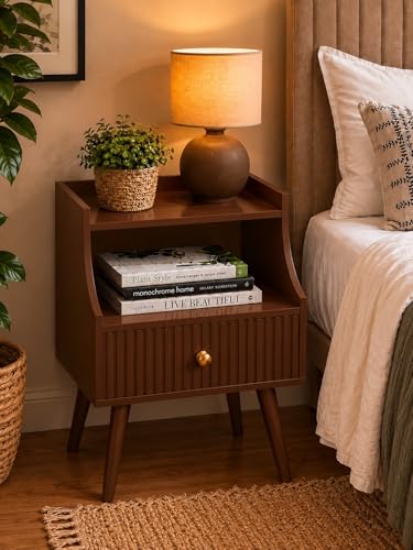 Image of ETIQUETTE ART Modern Fluted Nightstand with Drawer and Open Storage Shelf, Bedside Table with Round Edge, Boho Night Stand with Solid Wood Legs & Knob Handle End Table for Bedroom (Brown)
