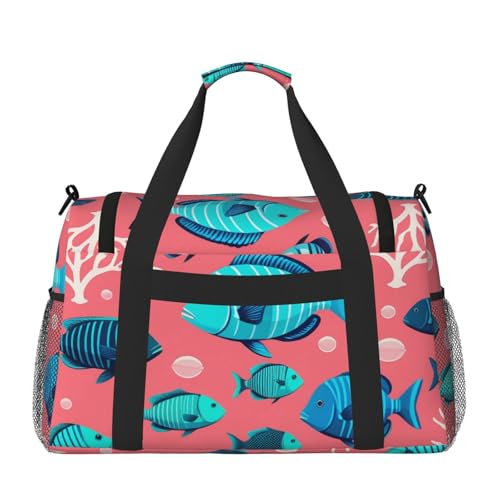 Ocean Fishes Print Travel Duffle Bag - Foldable Personal Item Travel Bag for Women & Men,Carry-On Convertible Crossbody Tote Bags with Adjustable Shoulder Strap & Pockets 13x10.2x19.7 in2