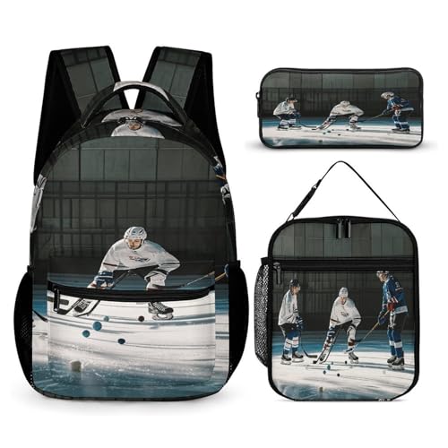 3Pcs Backpack Sets Ice Hockey Print Travel Daypack 3 in 1 Lightweight Backpack Set with Lunch Bag And Cosmetic Bag