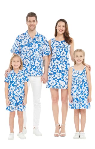 Image of Hawaii Hangover Family Matching Clothes, Classic Vintage Hibiscus Blue | Family matching Hawaiian outfits, Classic Vintage Hibiscus Blue, 100% cotton, machine washable, tropical floral print, luaus