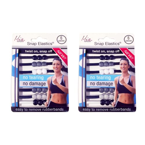 Mia Sport Snap Elastics, Hair Ties that Twist On + Snap Off, Less Damaging Rubber Bands for or Women, Athletes, Girls, Wet Hair - Black, Gray, White 2pks/12pcs