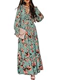 BLENCOT Women's Casual Boho Floral Printed Deep V Neck Loose Long Sleeve Long Evening Dress Ruched Cocktail Party Maxi Wedding Dress Green X-Large