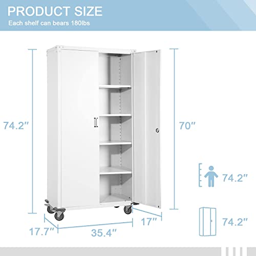 Greenvelly White Metal Cabinet With Wheels, 75" Locking Storage Cabinet With Door And 4 Shelves,Tall Heavy Duty Lockable Rolling Locker Tool Steel Cabinet For Home, Pantry, Garage, Basement, Workshop #TOP2