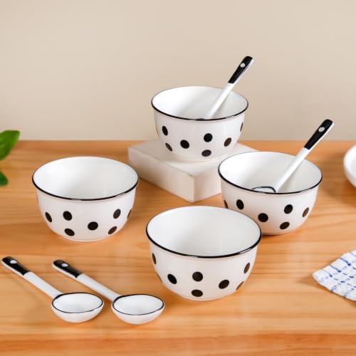 Image of Nestasia Ceramic Soup Bowl with Spoon Set of 4 (400ml Each) - White & Black Polka Dot Printed Microwave & Dishwasher Safe Bowl Set for Serving Soup, Custard, & Dessert - Perfect for Gifting