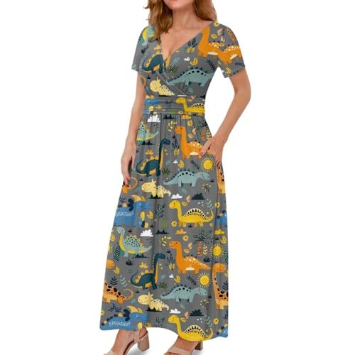 Image of Women's Fall Summer Short Sleeve Ankle Length V-Neck Party Dress with Pockets Size S-3XL