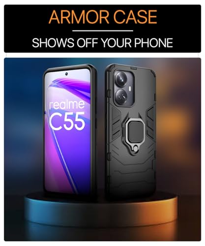 Image of WOW IMAGINE Shock Proof Back Case Mobile Cover for Realme C55 | Realme Narzo N55 | Back Cover Case (Tough Armor | Hybrid PC + TPU | Ring Holder & in-Built Kickstand | Black)