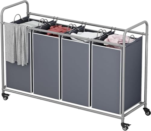 LINZINAR 4 Section Laundry Hamper, Grey Laundry Basket, 180L Laundry Sorter