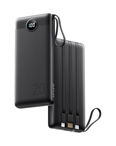 VRURC Batterie Externe 20000mAh QC 22.5W Power Bank Cable intégré, USB C Charge Rapide LED Chargeur Portable avec 4 Sorties et pour iPhone13/12/11/X/8, Samsung Huawei...
