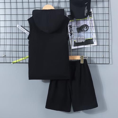 Image of Boys 2PCS Hooded Summer Sleevless Tank Top and Drawstring Elastic Waist Shorts Sport Clothing Sets