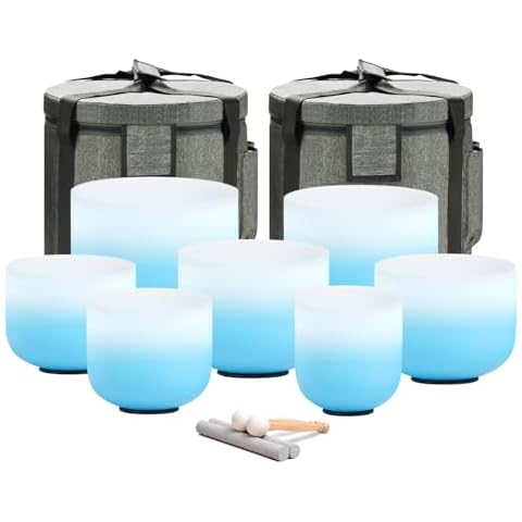 CVNC 432HZ 6-12 Inch Azure Blue Color Aria Gradient Design Frosted Quartz Crystal Singing Bowls Chakra Set of 7 with Carry Case Bags for Sound Healing and Meditation Cover