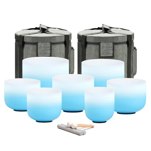 CVNC 432HZ 6-12 Inch Azure Blue Color Aria Gradient Design Frosted Quartz Crystal Singing Bowls Chakra Set of 7 with Carry Case Bags for Sound Healing and Meditation