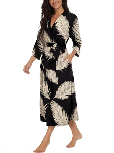 Image of VINTATRE Robes for Women Long Knit Bathrobe XS-4XL | 3 /4 Sleeve Bathrobes with Pockets, Stretchy and Lightweight Fabric, Inner Tie and Fixed Outer Matching Belt, Mid Calf Length