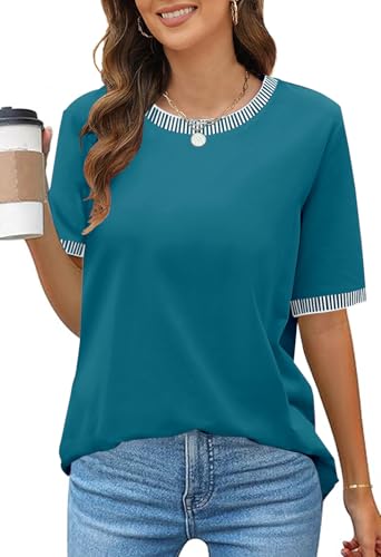 MEROKEETY Women's 2025 Short Sleeve Striped Color Block T Shirts Crewneck Loose Casual Tee Tops, Teal, S
