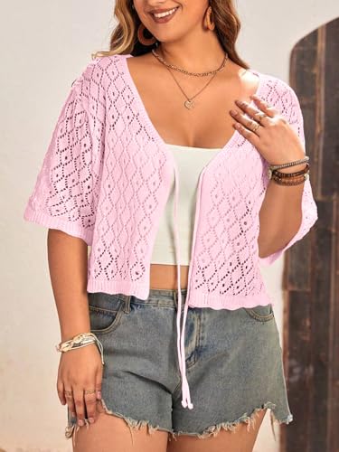 Image of Women's Plus Size Crochet Cardigan Crop Short Sleeves Tie Front Lightweight Knitwear