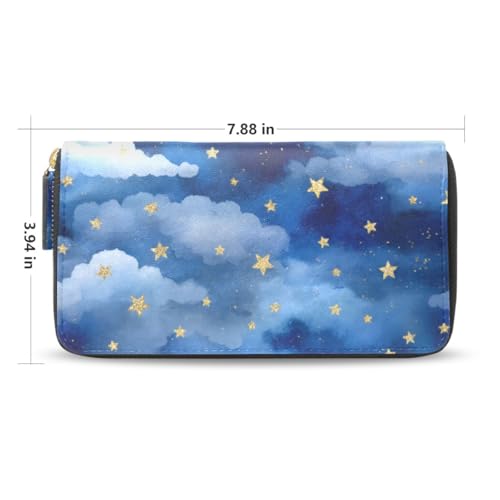 Long Wallets Leather Bifold Wallet for Women Blue Stars Cloud with Zipper Credit Card Holder Large Capacity2