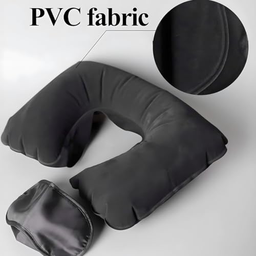 Image of Travel Kit Combo - Inflatable Neck Pillow, Soft Eye Mask & Earbuds for Airplane, Car & Train - Travel Accessories Set (Grey)