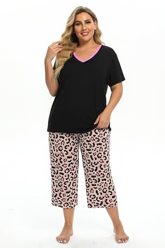 Image of Vozanet Women's Pajamas Set Soft V Neck Sleepwear Top and Capri Pj Lounge Sets Cartoon Heart Shape Cat Nighty Plus Size