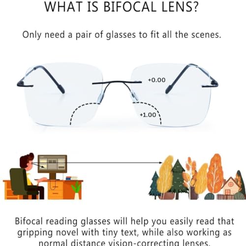 Image of Redex Rimless Rectangel Bifocal Reading Glasses Anti Glare Protection For Unisex Power Available 0.50 0.75 1.00 1.25 1.50 1.75 2.00 2.25 2.50 2.75 3.00