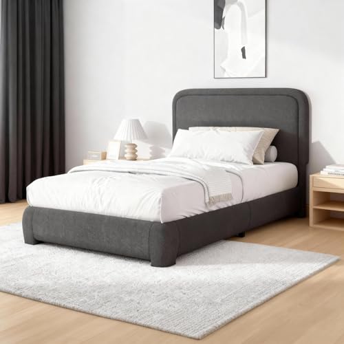 Image of BarnFurin Twin Bed Frame, Cloud Boucle Headboard, Rounded Corners, Grey | Soft boucle and rounded edges create a low-profile cloud look. Wooden slats support the mattress without a box spring