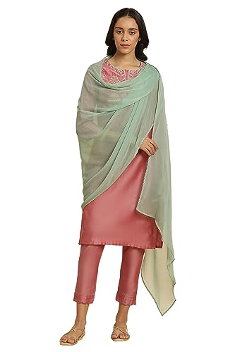 Image of W for Woman Women Polyester Aqua Green Chiffon Dupatta With Gold Mukaish, Free Size