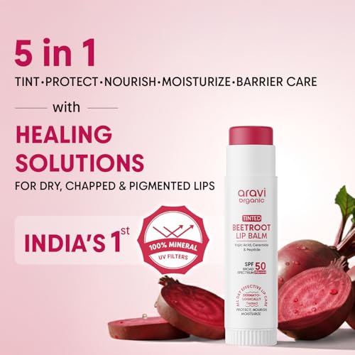 Image of Aravi Organic Beetroot Tinted Lip Balm SPF 50 PA++++ | Lip Balm for Dark, Dry & Pigmented Lips | Kojic Acid, Ceramide & Peptide | Brightening, Hydrating & Sun Protection Lip Balm for Women & Men - 5g
