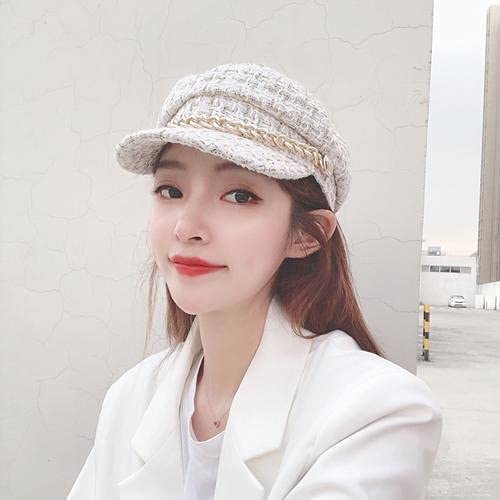 Women Plaid-Tweed Newsboy-Baker-Boy Hat Captain-Sailor Fisherman Hat Peaked-Beret With Chain White #TOP3