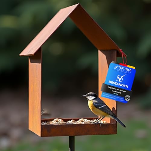 Maxito Vogelhaus mit Ständer wetterfest aus Metall und stabilem Stand 120 cm hoch als Gartendeko im Garten - Gartendeko für draußen wetterfest - Vogelfutterhaus - Vogelhäuschen Maxito Vogelhaus mit Ständer wetterfest aus Metall und stabilem Stand 120 cm hoch als Gartendeko im Garten - Gartendeko für draußen wetterfest - Vogelfutterhaus - Vogelhäuschen