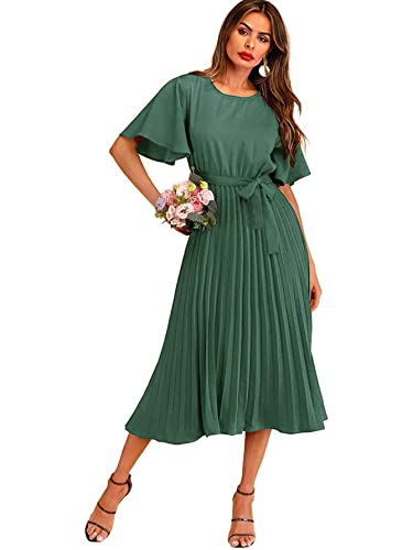 Milumia Women's Elegant Belted Pleated Flounce Sleeve Long Dress Mint Green  Plain Large at Amazon Women's Clothing store