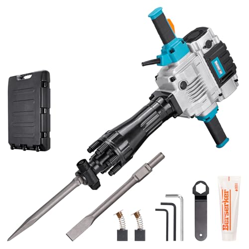 Image of Berserker 2100W 50-Pound Demolition Jack Hammer 125K with 1-3 /16 inch Hex,17Amp | Full-Size Heavy duty Corded Electric Concrete /Pavement Breaker with Wheeled Carrying Case, Flat Chisel, Bull Point Chisel
