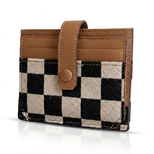 Image of TURBOOST Cute Slim Card Holder Canvas Front Pocket Checkered Wallet, Small Credit Card Case for Women (Brown)