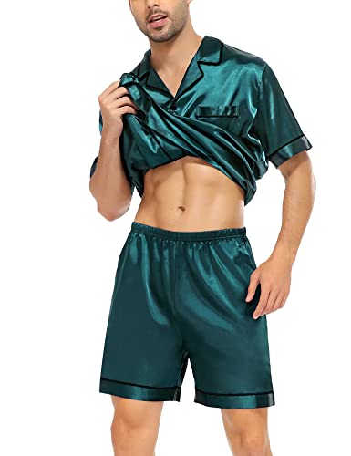 Image of SWOMOG Satin Matching Pajamas Sets Couple Silk Button Down Nightwear Women & Men Short Sleeve Sleepwear 2 Pieces Loungewear