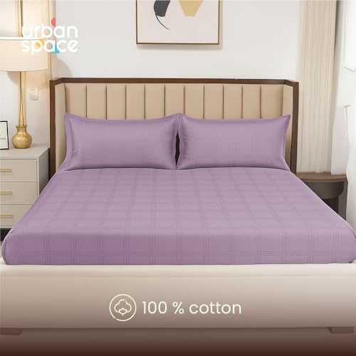 Image of Urban Space 100% Cotton 300TC Jacquard Fitted bedsheets for King Size Bed, Pure Cotton Bedsheet King Bed, Checks Fitted bedsheet King Size with 2 Pillow Covers (72 x 78 Inches, Soft Mauve Checks)