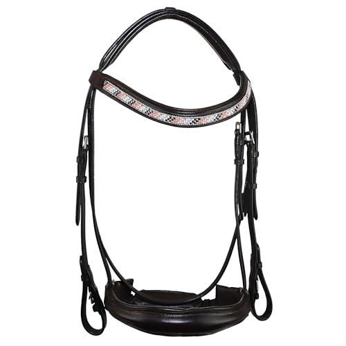 Grewal Equestrian Cologne Leather Snaffle Bridle with Beaded Browband, English Horse Tack, Havana, Full