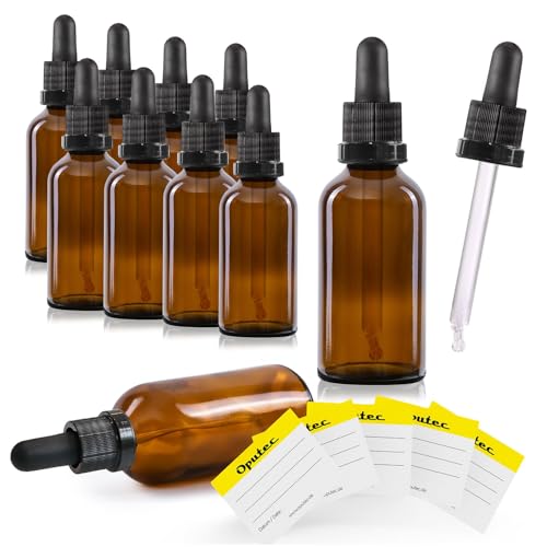 Oputec Lot de 10 flacons à pipette en verre marron avec pipette en verre + 10 étiquettes – Flacon de pharmacie pour aromathérapie, cosmétique, compte-gouttes protégé de la lumière, pour applications