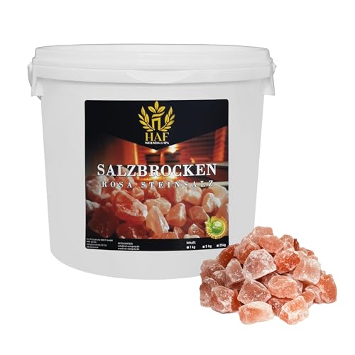 HAF® Trozos de sal rosa de 5 kg | Trozos de sal de roca gruesa sin aditivos y naturales de la gama de sal en Pakistán | Piedras de sal | Salebrocken | Tamaño: 2 – 5 cm | Cantidad: 1 x 5 kg en el cubo