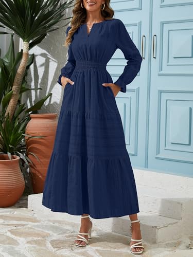 Women's Fall Maxi Dress Long Sleeve V Neck A Line Tiered Flowy Ruffle Boho Dress for Wedding Guest Cocktail Party2