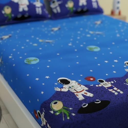 Image of Filymore Kids Double bedsheet Space and Astronaut Theme 240 TC Microfiber Soft Cartoon King Size bedcover for Kids Room (90x90 Inches)(SkyBlue and Grey)