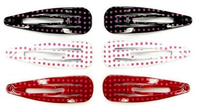 6 barrettes cheveux clic clac points carres 4.5cm - rouge noir blanc