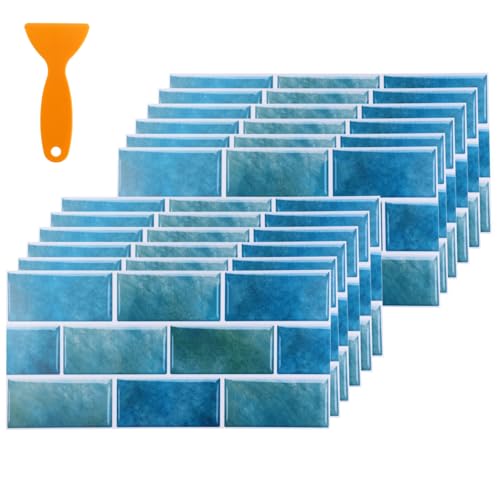 12 adhesivos para azulejos de baño y cocina, 30 x 15 cm, resistentes al agua, para baño y cocina, adhesivos de vinilo, color azul (con un pequeño raspador)