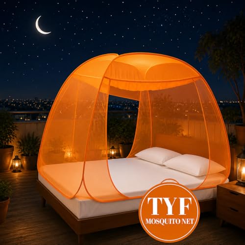 Image of TYF Mosquito Net for Bed Made with Polyester Material | Foldable Mesh Design | Lightweight and Portable Structure | Easy to Use, Orange (6.15 Feet X 6.15 Feet) Double Bed
