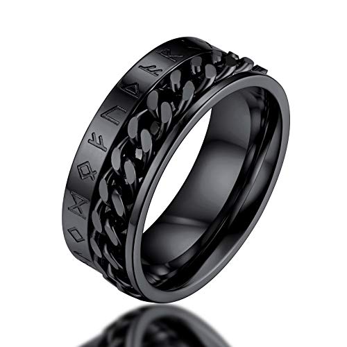 FaithHeart Gothic Black Chains Rings Viking Jewellery Norse Runes Amulet Anxiety Rings Stainless Steel Fidget Ring for Family Partners Size Z+1
