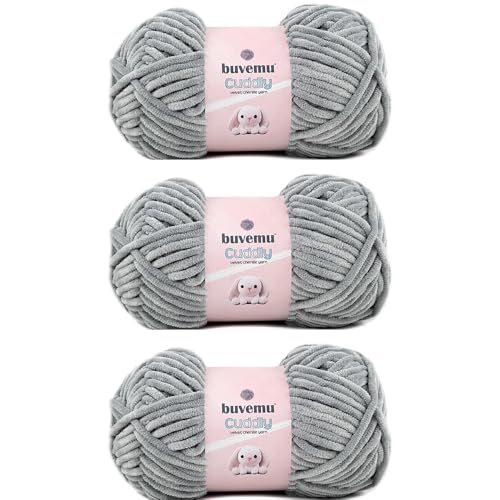 Image of Cuddly Velvet Chenille Yarn, Super Soft Fluffy Bulky for Knitting Crocheting Blanket Amigurumi, Durable for Shedding, 100 Gram (3.53 Ounces) 109 Yards (100 Meters) (Gray) (3 Skeins)