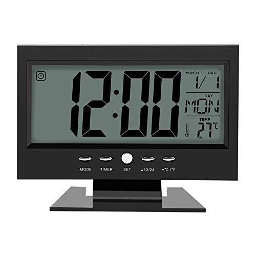 Aramox Reloj Digital eléctrico, Reloj de Alarma de Escritorio de Mesa de Sensor de Sonido Digital LCD con Calendario y Pantalla de Temperatura(Black)