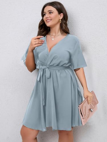 Image of SCOMCHIC Women's Plus Size Summer Dresses Short Sleeve Wrap V Neck A Line Skater Mini Short Dress XL-4XL