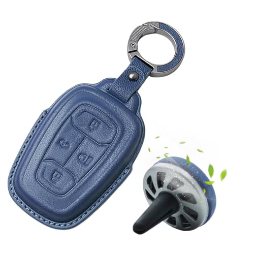 Image of Keyzone Premium Leather Key Cover & AC Vent Car Perfume Combo (4 Fragrances) | Compatible for Tata Nexon, Harrier, Safari, Altroz, Punch, Tigor 4 Button Smart Key. (Blue)