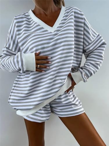 Melliflo Women 2 Piece Outfits Lounge Sets Striped Print Long Sleeve V Neck Sweatshirt and Shorts Set Fall Sweatsuit3